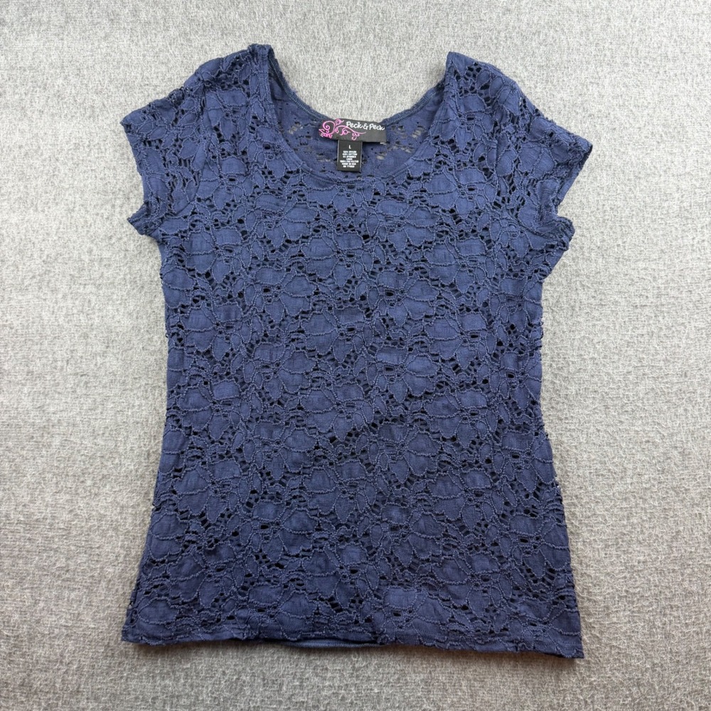 Peck & Peck Lace Blouse Women Large Navy Blue Short Sleeve Scoop Neck‎ Lined Top